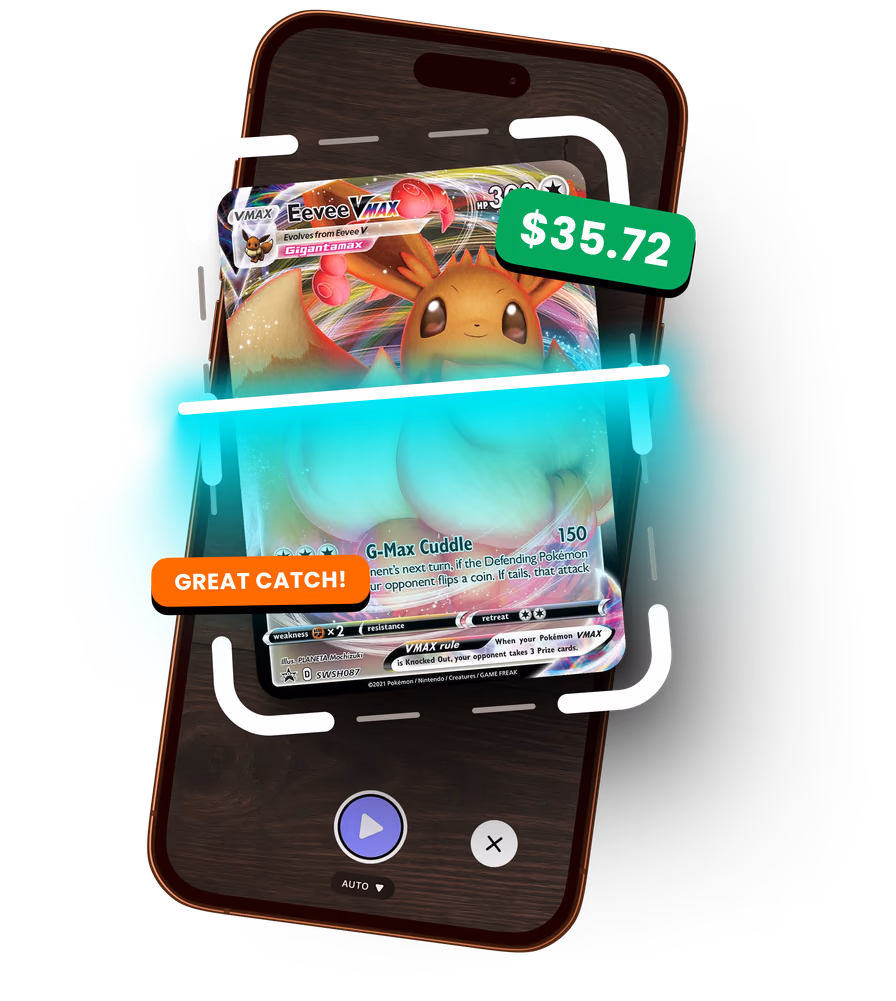 Interfaz de la app BindeX mostrando una carta Pokémon escaneada con su precio en tiempo real y el valor de la colección