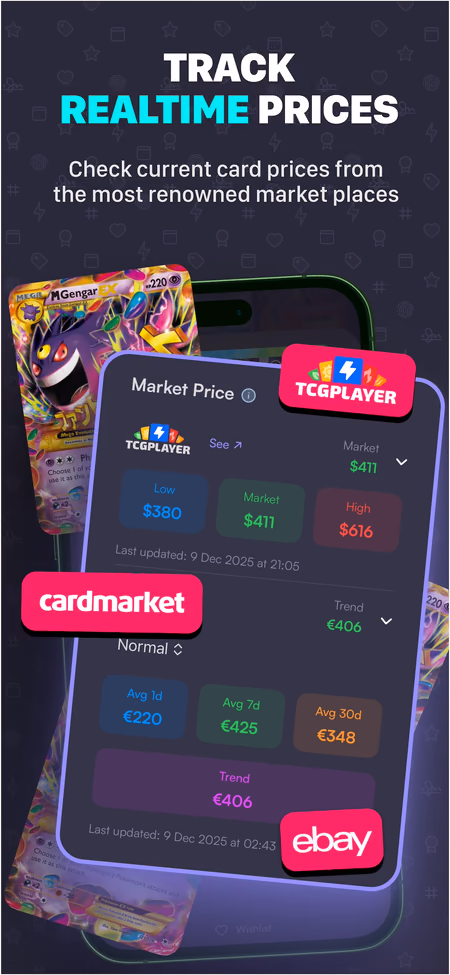 Pantalla de seguimiento de precios de BindeX mostrando el valor de mercado en tiempo real de una carta Pokémon